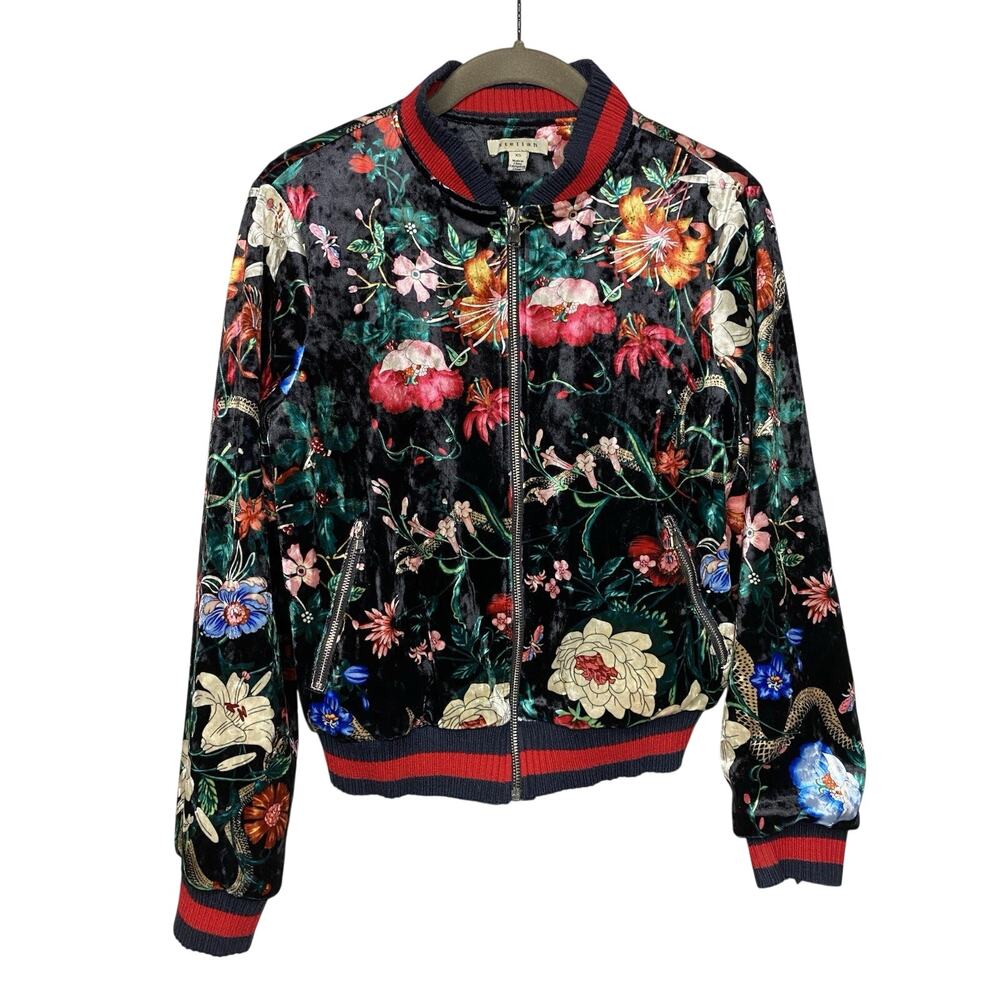Stellah Women's XS Velour Bomber Jacket Dark Floral Zip Up Track Pop Art Boho